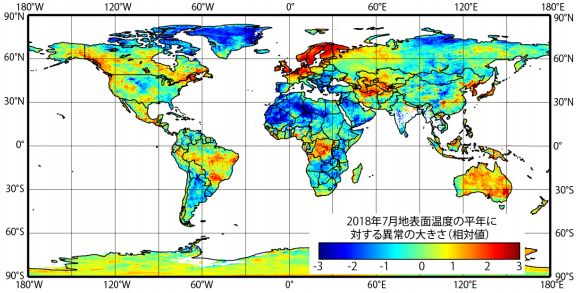 2018年7月の地表面温度に関する平年値との差。（写真：千葉大学の発表資料より）