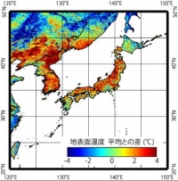 日本付近での2018年7月の地表面温度の異常値の空間分布。（写真：千葉大学の発表資料より）
