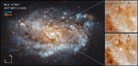 おとめ座NGC 4790（左）。超新星前の2001年撮影（右上）と2013年撮影（右下）。（Ｃ）NASA, ESA, and J.DePasquale [STScI]