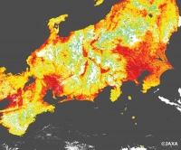 人工衛星から撮像された8月1日の本州中心部での地表温度 (c) JAXA