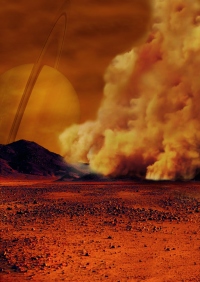 タイタンの塵嵐のイラストイメージ。（C）NASA / ESA / IPGP / Labex UnivEarthS / University Paris Diderot