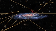 天の川銀河から離れてゆく超高速星の軌道（赤矢印）と天の川銀河へ向かってくる超高速星の軌道（オレンジ矢印）（C） ESA （artist's impression and composition）; Marchetti et al. 2018 （star positions and trajectories）; NASA/ESA/Hubble （background galaxies）; CC BY-SA 3.0 IGO