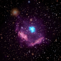 天の川銀河で最も若いパルサーであるKes 75。青色の天体パルサー風星雲で、紫色の天体が超新星爆発後に発生した星の残滓 （c） NASA/CXC/NCSU/S. Reynolds; Optical: PanSTARRS