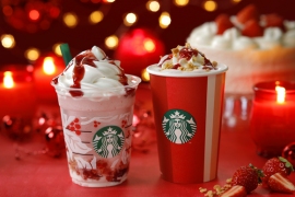 「クリスマス ストロベリー ケーキ フラペチーノ」（左）と「クリスマス ストロベリー ケーキ ミルク」（写真：スターバックス コーヒー ジャパンの発表資料より）
