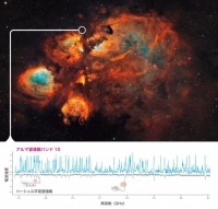 アルマ望遠鏡から撮像された猫の手星雲とその一角でとらえられた分子輝線 （c） S. Lipinski/NASA & ESA, NAOJ, NRAO/AUI/NSF, B. McGuire et al.