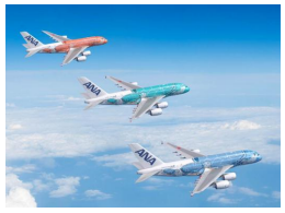 ANAの「FLYING HONU」。上から、3号機のハワイの「夕陽」をイメージしたサンセットオレンジ、2号機のハワイの「海」をイメージしたエメラルドグリーン、1号機のハワイの「空」をイメージしたANAブルー。(画像: 全日本空輸の発表資料より)