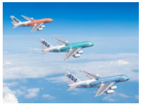 ANAの「FLYING HONU」。上から、3号機のハワイの「夕陽」をイメージしたサンセットオレンジ、2号機のハワイの「海」をイメージしたエメラルドグリーン、1号機のハワイの「空」をイメージしたANAブルー。(画像: 全日本空輸の発表資料より)