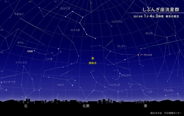 「しぶんぎ座流星群」2019年1月4日3時頃　東京の星空（C）国立天文台