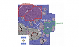 タッチダウン候補地2カ所（赤で囲まれた所が「L08-B1」、緑で囲まれた所「L08-E1」）とターゲットマーカBの位置。ピンクの丸で囲ったところがボルダーでグレーの場所は危険地帯、青い場所は安全な地帯。