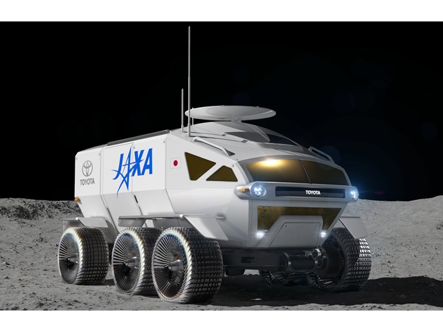 紹介された月面探査機「与圧ローバ」、全長×全幅×全高6000×5200×3800mm、小型バス程度のボディで、パワーユニットは燃料電池による電動。乗員は通常2名で、最大で4名乗車が可能。詳細は不明だが6輪による全輪駆動車か