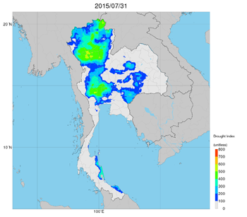 JAXAが開発したJASMINが示すタイの干ばつ指数（写真：JAXAの発表資料より）