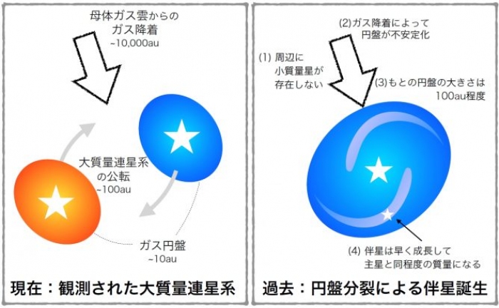 今回発見された大質量連星系の現在と過去の姿の概念図 （c） 理化学研究所