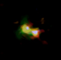 アルマ望遠鏡とハッブル宇宙望遠鏡で撮影したB14-65666。塵、炭素、酸素がそれぞれ、赤色、黄色、緑色で表現されている。（c） ALMA （ESO/NAOJ/NRAO）, NASA/ESA Hubble Space Telescope, Hashimoto et al.