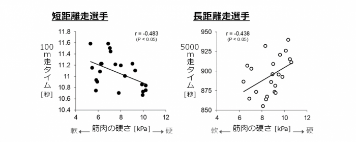 短距離走選手（左）と長距離走選手の「筋肉の硬さ」と「パフォーマンス」の関連性。短距離走選手では、硬く伸び縮みしにくい筋肉を持つ選手の方が100m走のタイムが良かったが、長距離走選手では、軟らかく伸び縮みしやすい筋肉を持つ選手の方が5000m走のタイムが良かった。（画像: 順天堂大学の発表資料より）