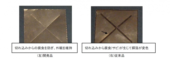 従来品と新開発品による耐腐食性比較テスト。（画像: ユニチカの発表資料より）