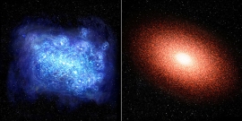 観測された赤方偏移6の老けた銀河（左）とその銀河が星形成をしていた赤方偏移14の時における先祖（右）の想像図。（画像:国立天文台）
