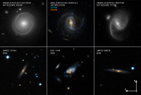 ハッブル宇宙望遠鏡やスローン・デジタル・スカイ・サーベイがとらえたスーパー渦巻銀河 （c) 上段: NASA, ESA, P. Ogle and J. DePasquale （STScI）. 下段: SDSS, P. Ogle and J. DePasquale （STScI）