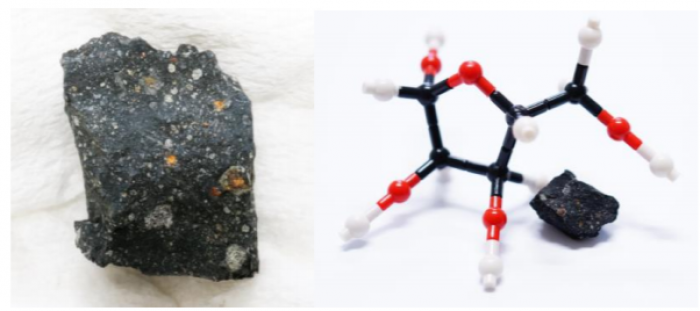 左：糖が検出されたマーチソン隕石。右：リボースの構造模型とマーチソン隕石。（Credit: Yoshihiro FURUKAWA）