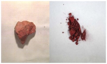奈良県大和水銀鉱山で採掘された辰砂鉱石　古代日本より赤色顔料の朱として広く用いられた（写真：理化学研究所の発表資料より）