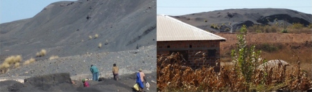 鉱床の土壌を採集しに来た近隣住民（左）と、鉱山から500mしか離れていないところにある家屋（右）。（画像: 北海道大学の発表資料より）