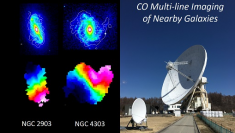 観測された棒渦巻銀河（左）と観測を実施した野辺山宇宙電波観測所の45メートル電波望遠鏡（右） （c） 2MASS J-band, Jarrett et al. 2003（左上段の擬似カラー）、COMINGプロジェクト（左上段の等高線及び下段）、Dragan Salak（右）