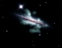 NGC4217の光学観測データと電波観測データの合成画像　中心の赤みを帯びた構造は渦巻き銀河の本体でそれを取り巻く薄緑のX字型をした放射状の存在が今回発見された特殊な磁場構造　(c) Jayanne English（マニトバ大学）、Yelena Stein（Centre deDonnéesastronomiques）