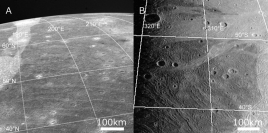 ボイジャー2号（左）とガリレオ探査機（右）によって撮影された木星衛星ガニメデの地表面 （c） NASA