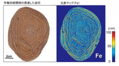 岩石に形成された年輪（左）とそれに基づく元素マップ（右）（写真: 名古屋大学の発表資料より）