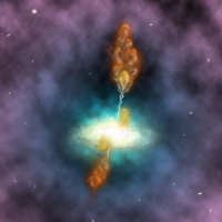 ほうおう座銀河団中心の巨大銀河から噴出するジェットの想像図 （画像：国立天文台水沢の発表資料より）