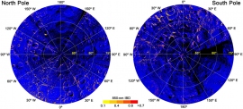 月面の極部におけるヘマタイトの分布（赤い部分がヘマタイトが多く存在する領域）（画像: ハワイ大学の発表資料 (c) Shuai Li）