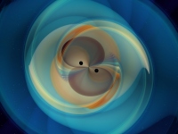 ブラックホールが合体する想像図 （c） N. Fischer, H. Pfeiffer, A. Buonanno （Max Planck Institute for Gravitational Physics）, Simulating eXtreme Spacetimes （SXS） Collaboration.