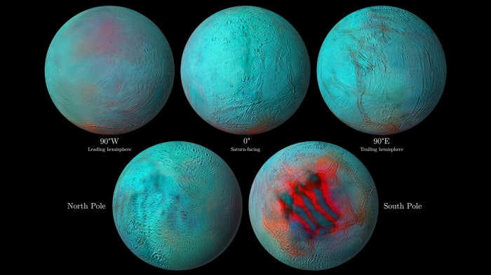 土星探査機カッシーニが明らかにした衛星エンケラドスの赤外線マップ （c） NASA/JPL-Caltech/University of Arizona/LPG/CNRS/University of Nantes/Space Science Institute