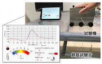 試験測定の様子（写真）と、計測結果（左下）。鉄筋試験片上空（センサと鉄筋中央の距離約70mm）で試験機を転がしてラインスキャンすると、左下のグラフが得られ、瞬時に鉄筋深さと位置などが表示される。（画像: 大阪大学の発表資料より）