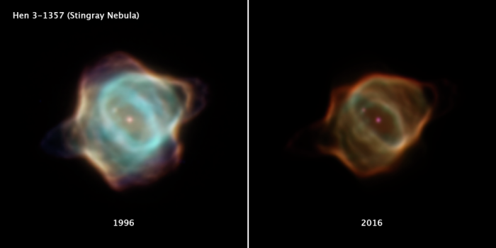 アカエイ星雲の退色 (c) NASA, ESA, B. Balick (University of Washington), M. Guerrero (Instituto de Astrofísica de Andalucía), and G. Ramos-Larios (Universidad de Guadalajara)