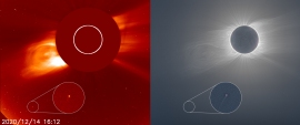 12月13日にタイのアマチュア天文家によって発見されたC / 2020 X3（SOHO）の皆既日食中の最中に捉えられた画像 (c) ESA/NASA/SOHO/Andreas Möller (Arbeitskreis Meteore e.V.)/processed by Jay Pasachoff and Roman Vanur/Joy Ng. Eclipse image used with permission.