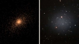 左側は、シミュレーションで分析された超拡散銀河の1つ。右はほぼ透明な銀河群の画像。(c) ESA/Hubble