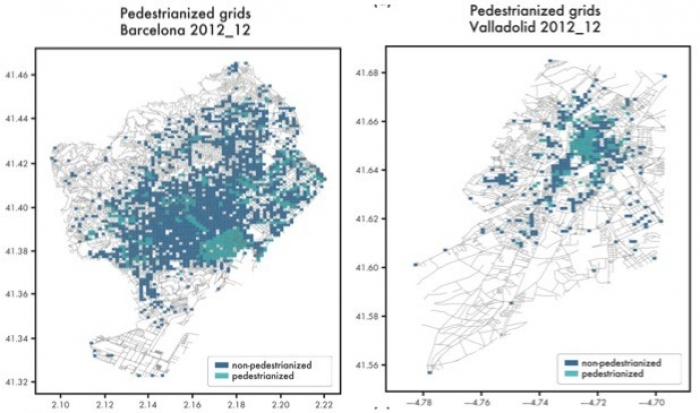 分析に使われたオープンストリートマップ（OSM）から取得した歩行者空間の時系列変化の例。図は、バルセロナ市とヴァジャドリッド市の2012年12月における歩行者空間の分布。（画像: 東京大学の発表資料より）
