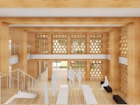 アキュラホームが2024年の完成を目指す、純木造の新社屋内観イメージ。日本古来の継手仕口や組子格子耐力壁などの木材建築技術を結集し、木造中規模建築の普及を目指す。