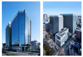 「アーバンネット名古屋ネクスタビル」の北西外観（左）と、街区全体の外観（右）（画像: NTT都市開発発表資料より）