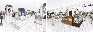 地下1階の売り場イメージ。左は化粧品売場、右は和洋菓子売場のイメージ（小田急百貨店発表資料より）
