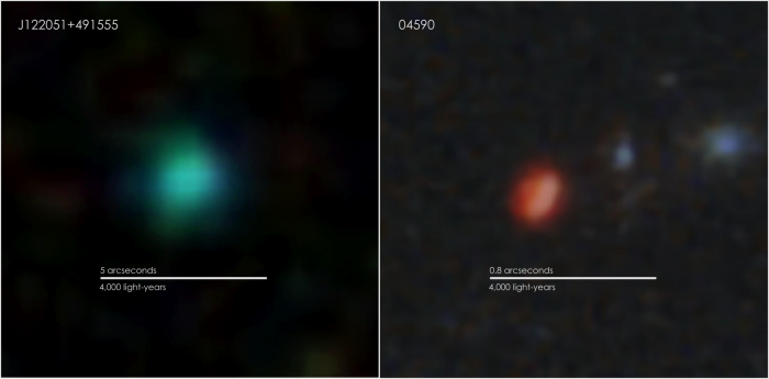 ジェームスウェッブ宇宙望遠鏡が観測した131億年前の銀河（左）、2009年に発見されたグリーンピース銀河（右）。クレジット: SDSS および NASA、ESA、CSA、および STScI