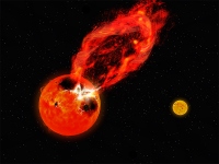 オリオン座V1355星で発生したフーパーフレアと巨大プロミネンス噴出の想像図。(c) 国立天文台