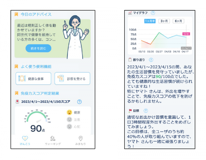 健康マイレージ上での免疫力推定AIのUIイメージ（画像：NTTドコモの発表資料より）