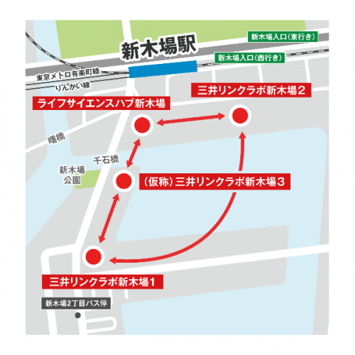 新木場の各施設の位置関係イメージ（画像：三井不動産の発表資料より）