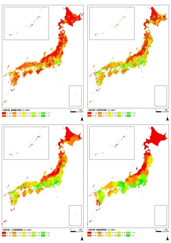 郵便番号、市区町村、2次医療圏、都道府県ごとのRIJ。赤い色が濃い部分がRIJが高い（画像: 横浜市立大学の発表資料より）