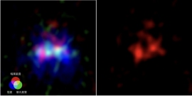 人類史上最遠方の暗黒星雲を持つ132億光年の彼方にある銀河MACS0416_Y1（左）アルマ望遠鏡が捉えた暗黒星雲（赤）と散光星雲（緑）(c) ALMA （ESO/NAOJ/NRAO）, Y. Tamura et al., NASA/ESA Hubble Space Telescope（右）アルマ望遠鏡が捉えた楕円形の空洞”スーパーバブル” (c) ALMA （ESO/NAOJ/NRAO）, Y. Tamura et al.
