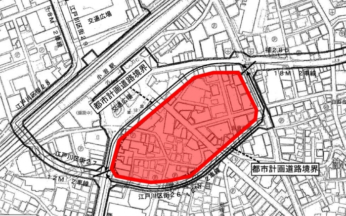 南小岩七丁目駅前地区の対象区域。（日鉄興和不動産発表資料より）