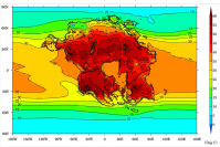 今から2億5000万年後の地球と仮説上の超大陸パンゲア ウルティマの、最も暖かい月の平均気温 （摂氏） を示す画像。（画像: ブリストル大学の発表資料より）
