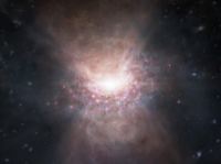 宇宙初期の銀河中心で明るく輝くクェーサーJ2054-0005から噴き出す分子ガスのアウトフローを、アルマ望遠鏡で「影絵」として捉えた想像図。 (c)  ALMA （ESO/NAOJ/NRAO）
