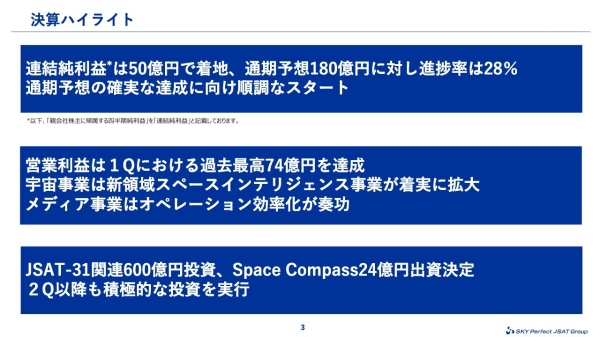 【QAあり】スカパーJSATHD、1Qの営業利益は過去最高の74億円　連結純利益は50億円で着地し、通期予想達成へ順調なスタート